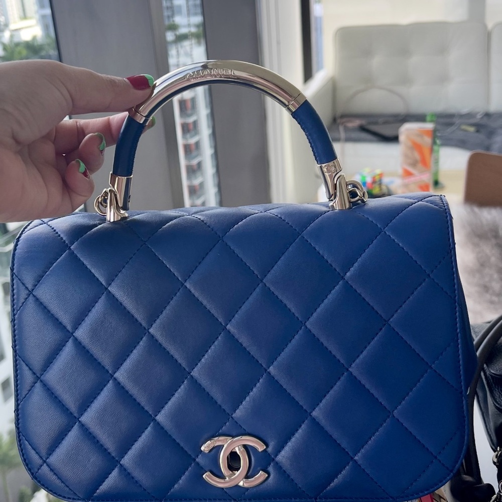 CHANEL Blue Quilted Top handle Shoulder Bag with Silver Hardware